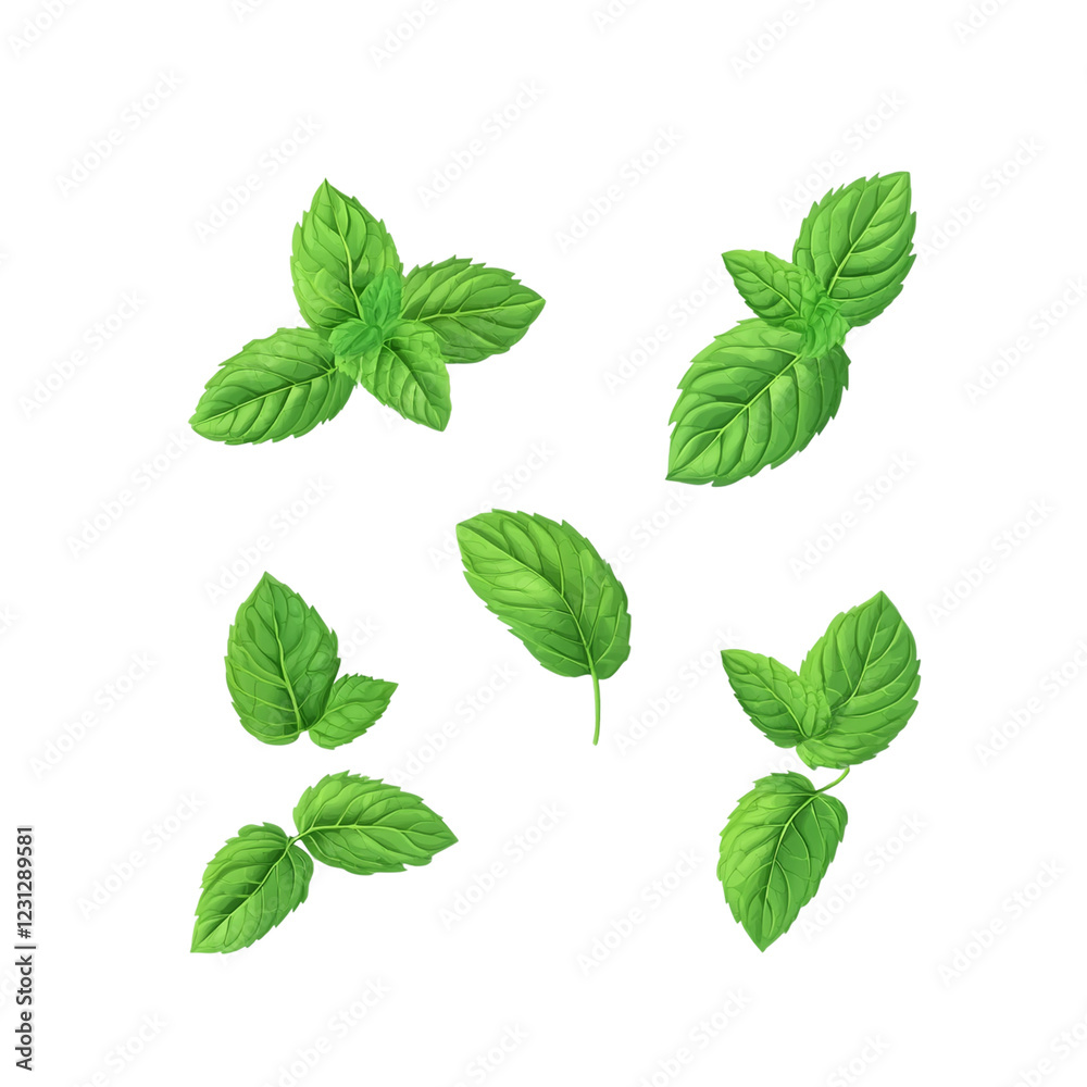 Set of fresh mint leaves in minimalist flat design Set of fresh mint leaves in minimalist flat design
