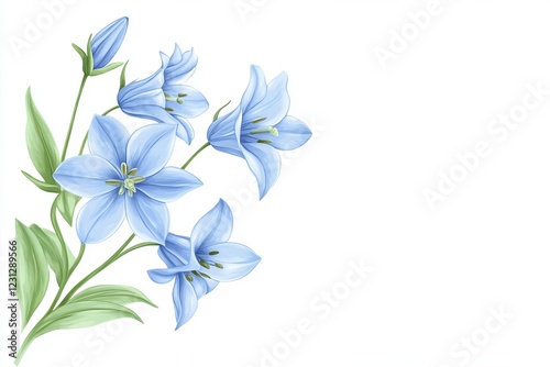 A bouquet of blue flowers with green leaves. The flowers are arranged in a way that they are not overlapping each other