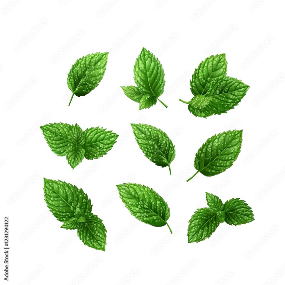 Set of fresh mint leaves with deep forest green color Set of fresh mint leaves with deep forest green color