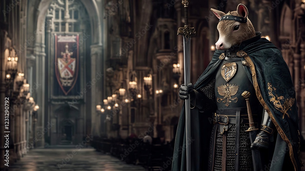 Naklejka premium A regal anthropomorphic sheep dressed in armor stands in a grand cathedral, illuminated by candles