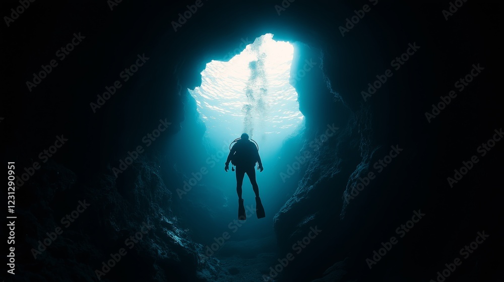 Fototapeta premium Scuba Diver Exploring Underwater Cave with Sunlight Above