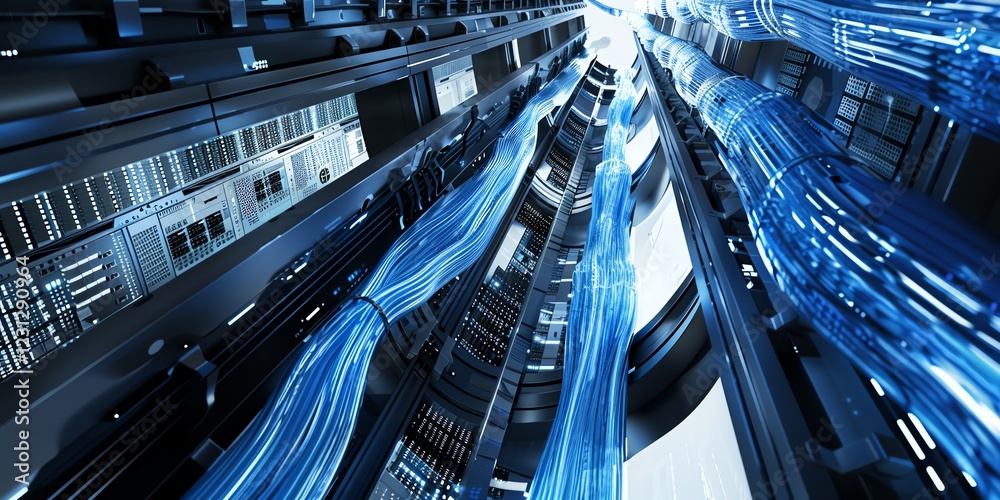 Obraz premium Fast data transmission through fiber optic cables, carefully routed across white circuit boards mounted on high-end server cabinets. The foreground features sharp lighting, while the background is blu