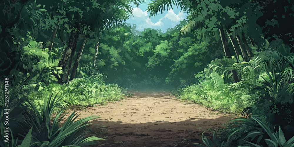 Naklejka premium Anime woodland backdrop, fantasy scenery, enchanted trees, mystical landscape, magical nature setting, vibrant foliage, dreamy environment, whimsical illustration, cartoon wilderness