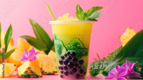 Refreshing fruity drink with boba and mint, surrounded by pineapple and cucumber slices