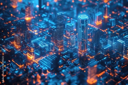 A digital blueprint of a smart city powered by IoT and AI, showcasing futuristic urban development.