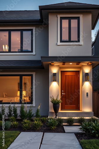 Luxury Modern House Exterior at Night. Contemporary Home Design, Real Estate, Residential Architecture, Landscaping, and Garden