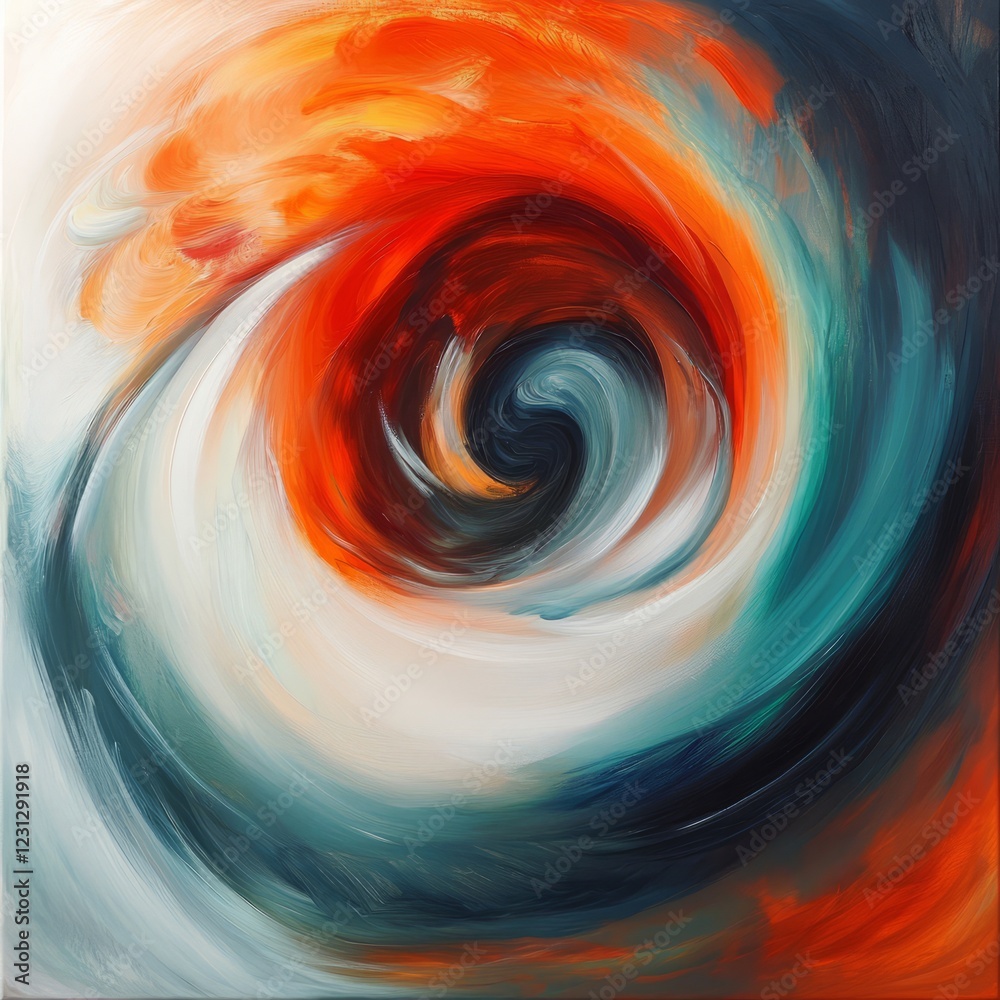 Dynamic abstract painting with swirling red and blue tones, conveying motion and energy.