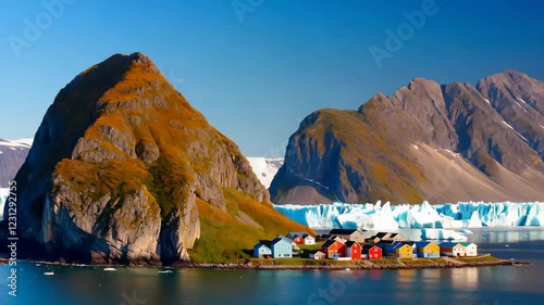 Picturesque Arctic landscape with green mountains, icy glaciers, and small colorful houses under a clear blue sky. Concept of remote natural beauty photo