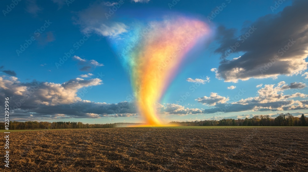 A rainbow is shooting out of the sky. The sky is mostly blue with some clouds. The rainbow is very long and is in the middle of the sky A rainbow is shooting out of the sky. The sky is mostly blue with some clouds. The rainbow is very long and is in the middle of the sky