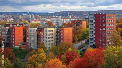 Vibrant Autumn Colors in Urban Landscape with Residential Buildings