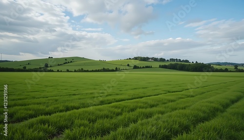 Serene Rolling Green Hills Landscape Under a Partly Cloudy Sky, Lush Green Field in Foreground
