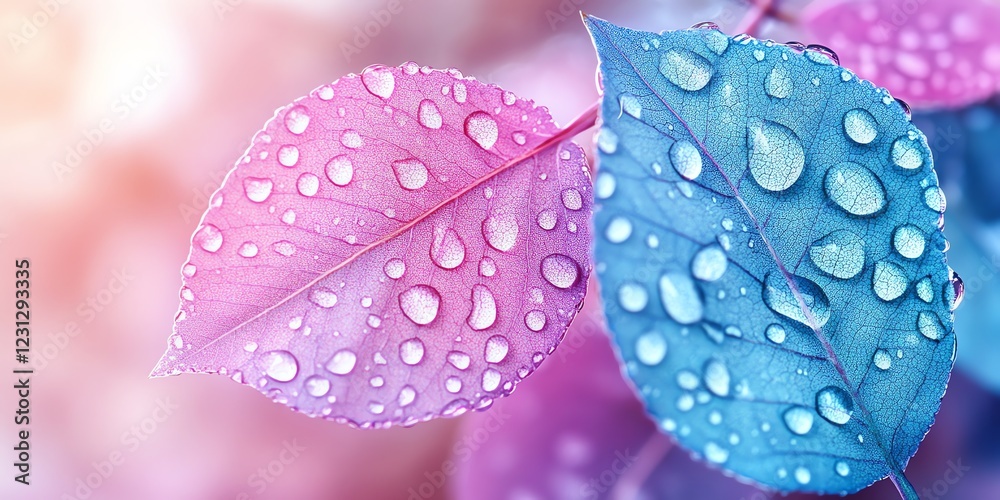 Fototapeta premium Delicate (blue and Purple) pastel leaves with water droplets, a light background, soft shadows, minimal contrast, sharp focus, photorealistic, high-key lightin