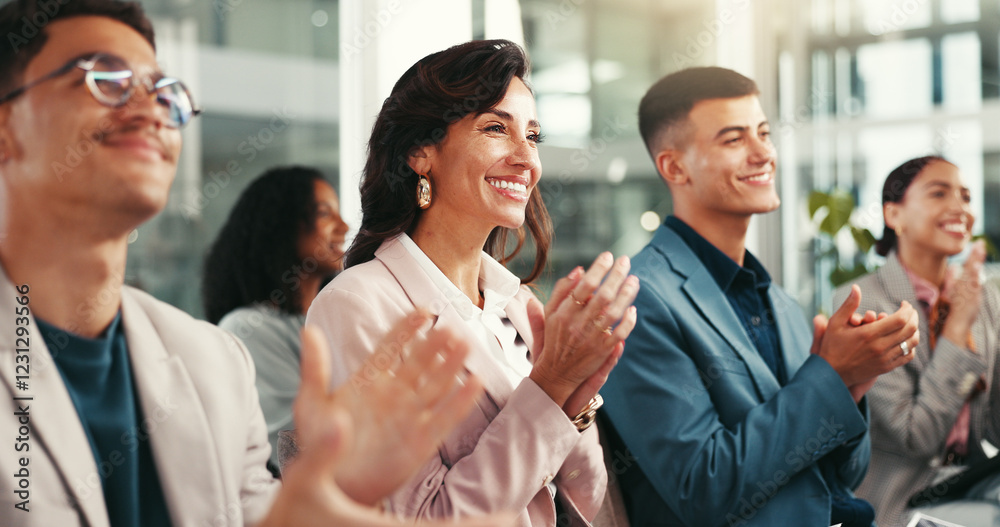 Business people, audience and happy for applause in office, workshop and accountants training at company. Group, staff and manager with clapping for support, celebration and smile for meeting success Business people, audience and happy for applause in office, workshop and accountants training at company. Group, staff and manager with clapping for support, celebration and smile for meeting success
