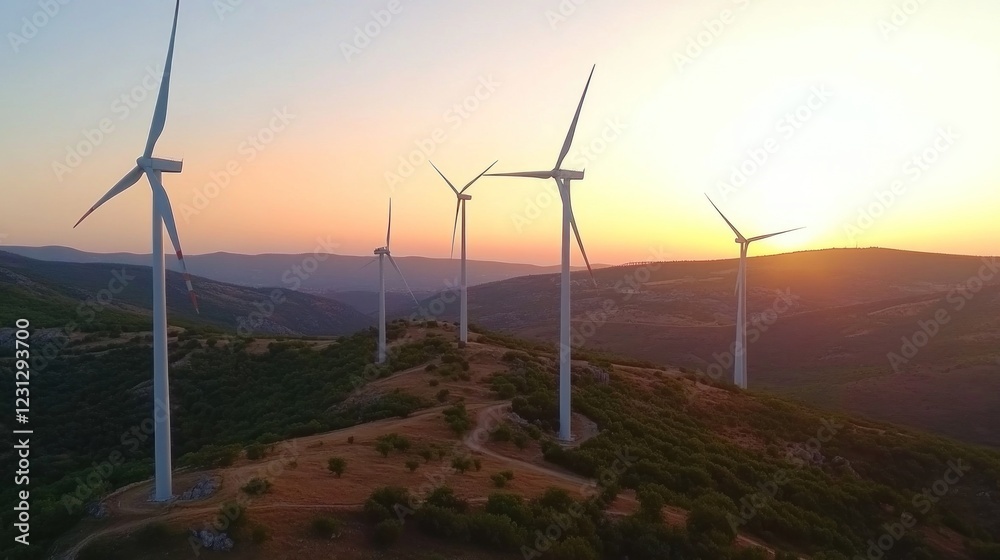 Wind turbines on a hillside during sunset, promoting renewable energy.