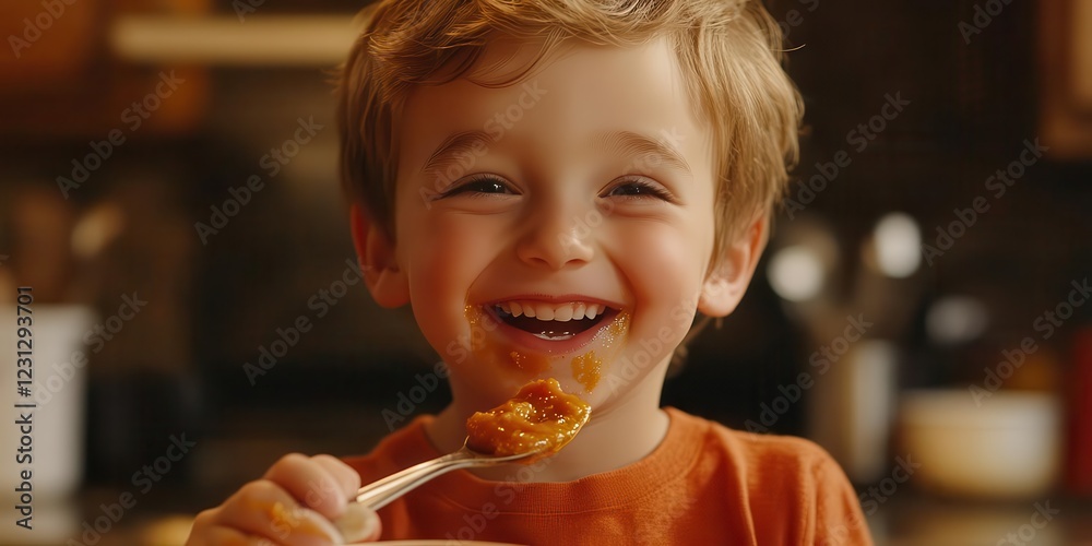 A little boy tasting a spoonful of sauce with an excited expression, natural light illuminating his face, home-cooked joy, kitchen moments. A little boy tasting a spoonful of sauce with an excited expression, natural light illuminating his face, home-cooked joy, kitchen moments.