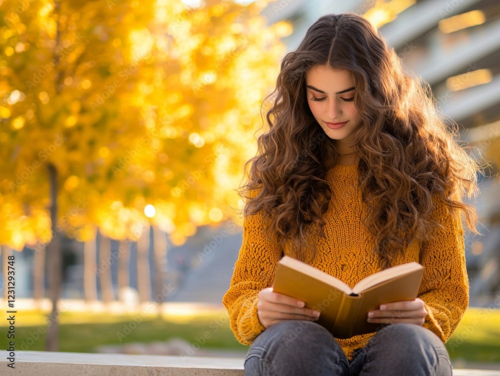 Obraz premium Reading a book autumn park lifestyle image natural setting close-up view serenity and reflection