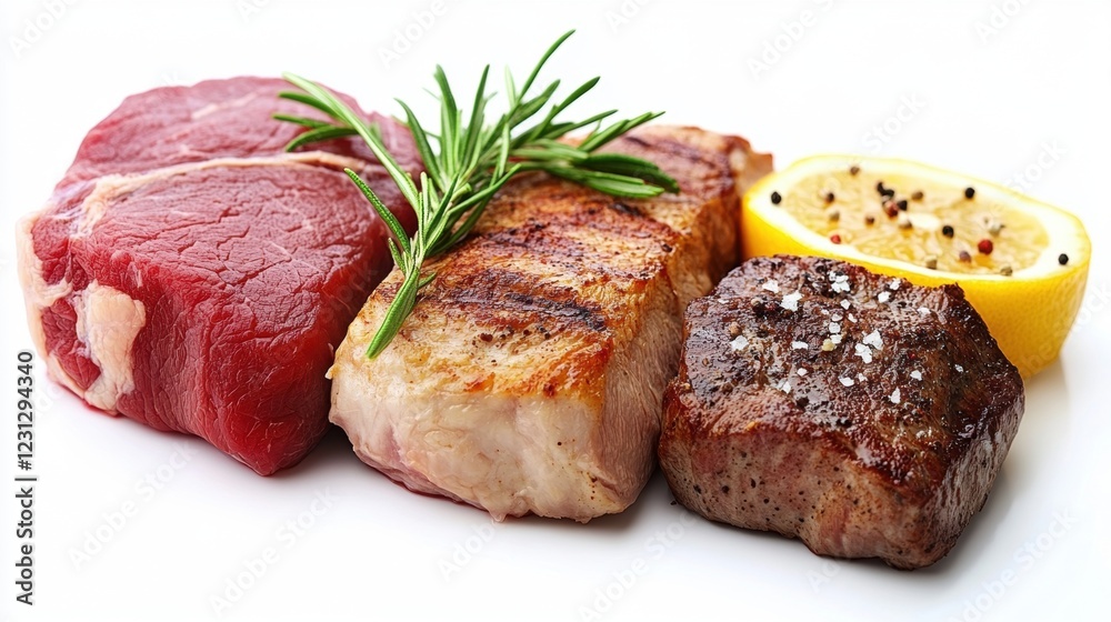 Fresh Cuts of Beef with Herbs and Lemon for Culinary Inspiration Fresh Cuts of Beef with Herbs and Lemon for Culinary Inspiration