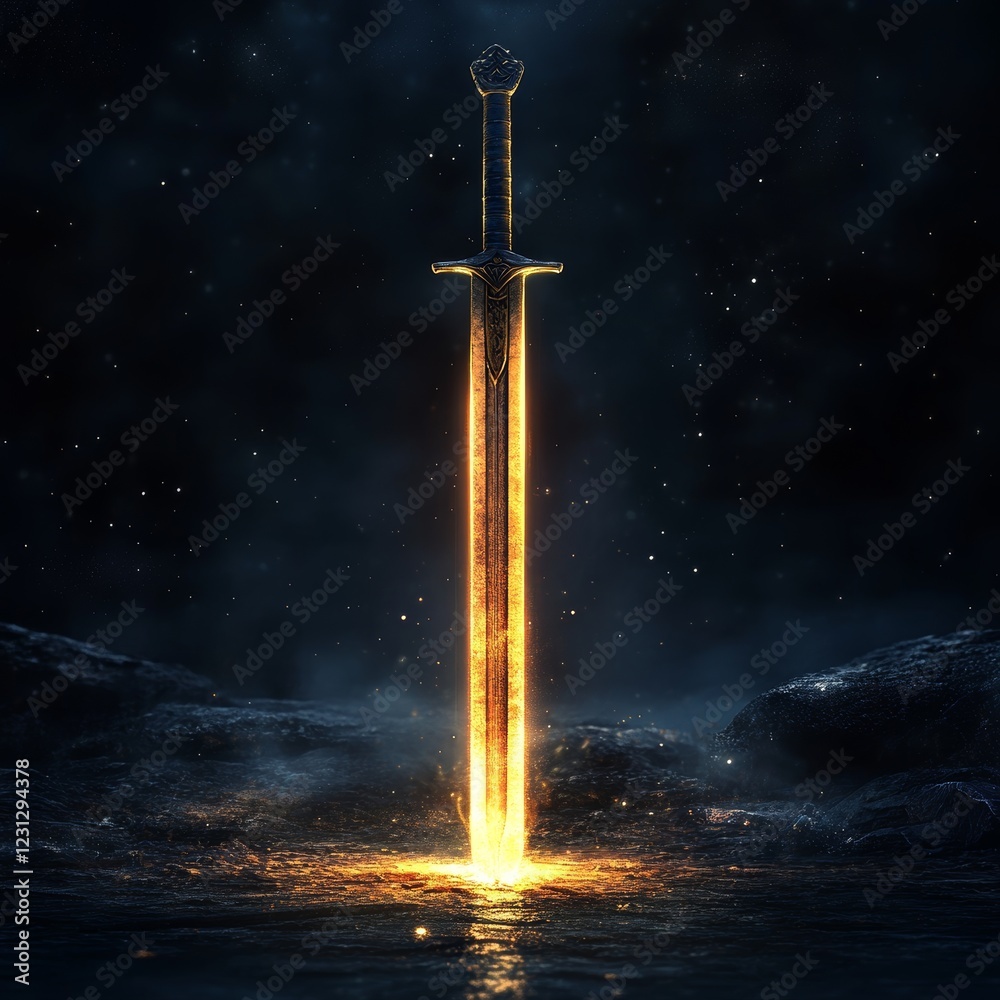 Naklejka premium A sword is lit up in the dark, with a glowing blue light emanating from it. The sword is surrounded by water, and the scene is set in a dark, mysterious atmosphere