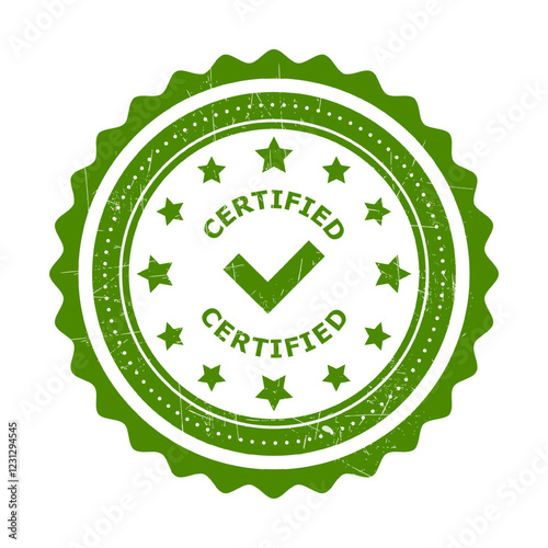 Grunge texture Retro Green Isolated Certified Stamp on white background. Certified Badge, Stamp, Icon, Seal, Label, Tag, Emblem For CBD Label Oil and Packaging Design Vector Illustration