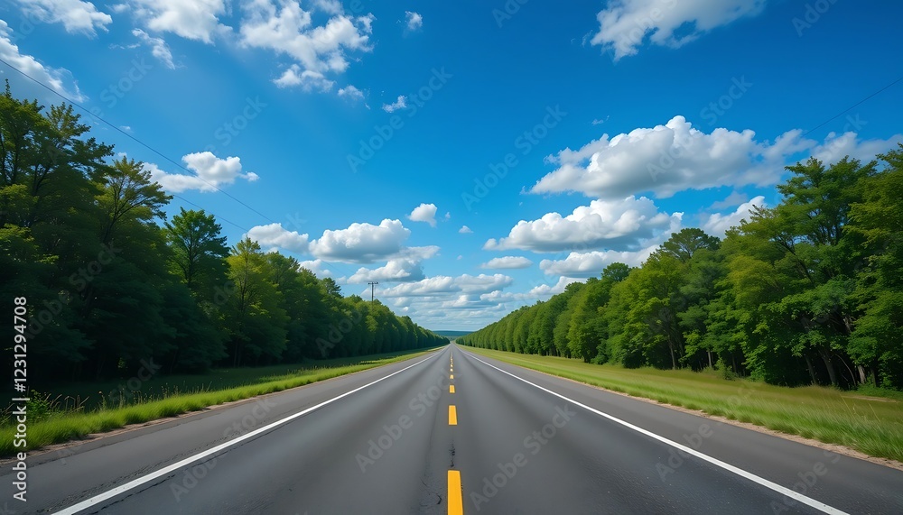 Scenic Summer Road Trip: A picturesque asphalt highway vanishing point stretching into a vibrant green forest under a bright blue sky with fluffy white clouds. Scenic Summer Road Trip: A picturesque asphalt highway vanishing point stretching into a vibrant green forest under a bright blue sky with fluffy white clouds.