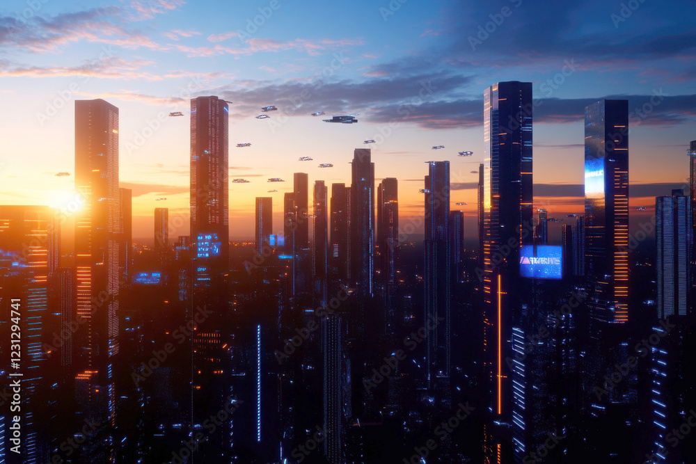 Fototapeta premium Futuristic city skyline at sunset with soaring skyscrapers.