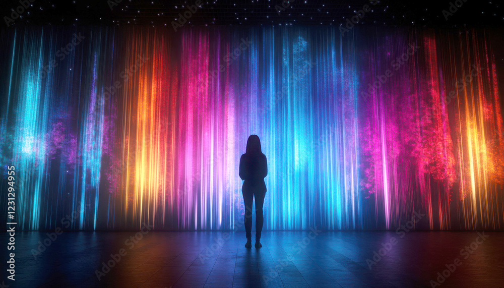 Silhouette of a person in front of colorful light curtains. Silhouette of a person in front of colorful light curtains.