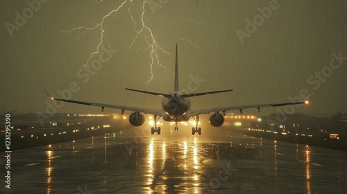 A dramatic scene of an airplane landing during a thunderstorm with lightning in the background.