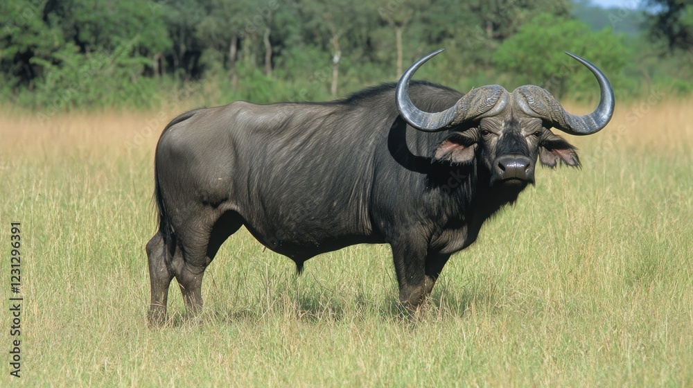 A solitary buffalo stands in a grassy field, showcasing its powerful horns and sturdy build. A solitary buffalo stands in a grassy field, showcasing its powerful horns and sturdy build.