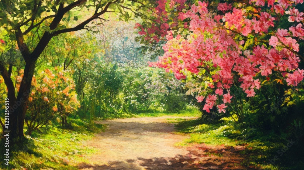 Sunlit Garden Path With Pink Blossoms and Lush Greenery Sunlit Garden Path With Pink Blossoms and Lush Greenery