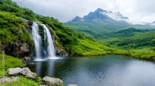 Waterfall cascading into mountain lake, scenic landscape