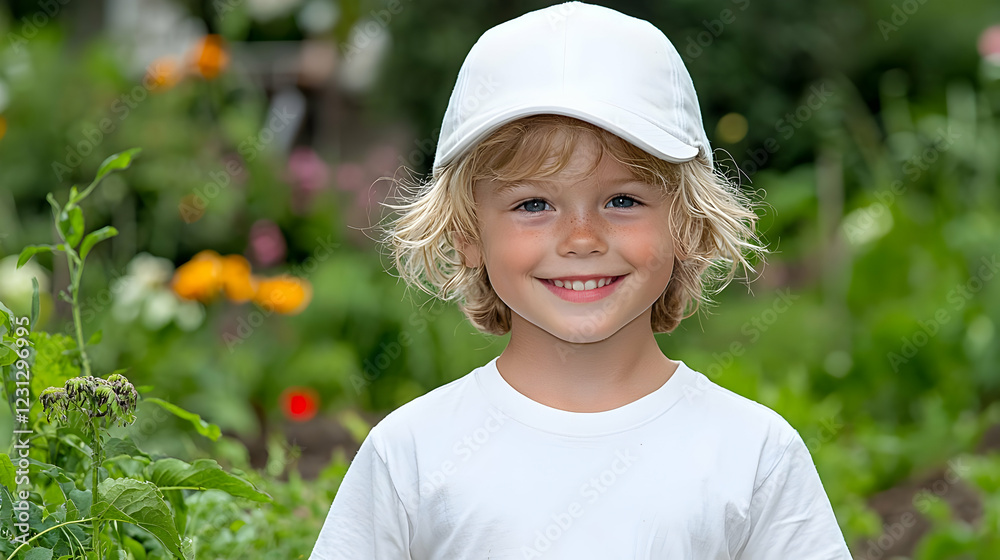Happy boy in garden, summer flowers background, child portrait, stock photo Happy boy in garden, summer flowers background, child portrait, stock photo