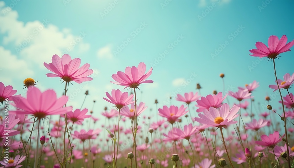 Beautiful pink cosmos flowers blooming in a field under a bright sunny sky Beautiful pink cosmos flowers blooming in a field under a bright sunny sky