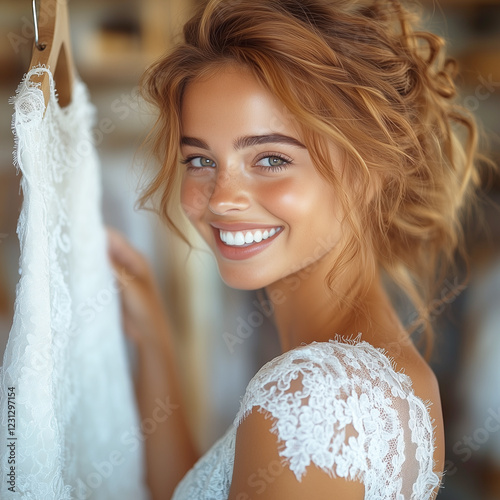 Smiling Bride Preparing for Her Wedding Day in a Wedding Dress Store photo