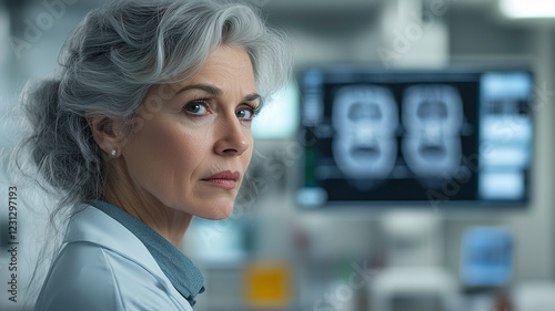 Professional Senior Doctor Analyzing Brain Scans in a Modern Medical Facility photo