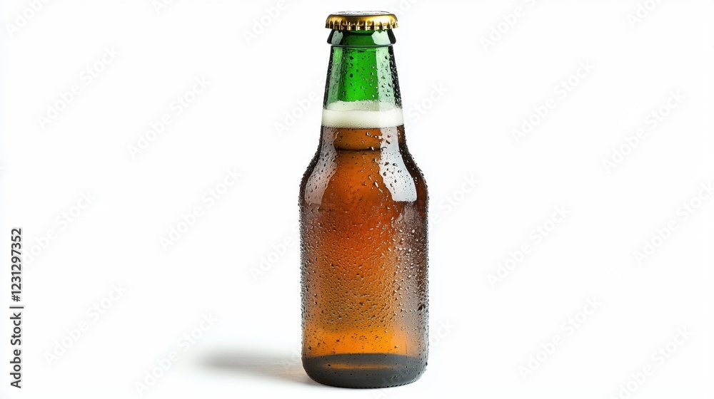 Refreshing Brown Beer Bottle with Water Droplets on White Background Refreshing Brown Beer Bottle with Water Droplets on White Background