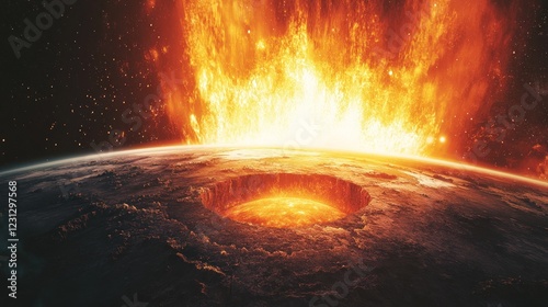 A dramatic depiction of a planet experiencing a catastrophic explosion.