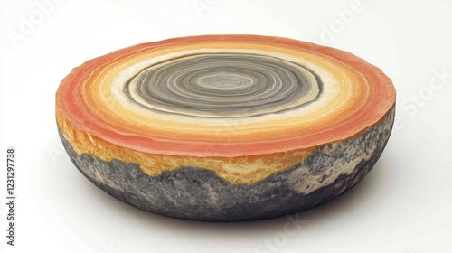 A circular, layered stone resembling agate, showcasing vibrant colors and intricate patterns.