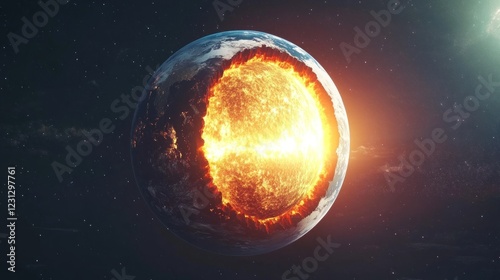 A visual representation of Earth with a fiery core, symbolizing geological activity.