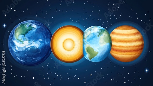 Illustration of Earth, Sun, and Jupiter in a cosmic setting.
