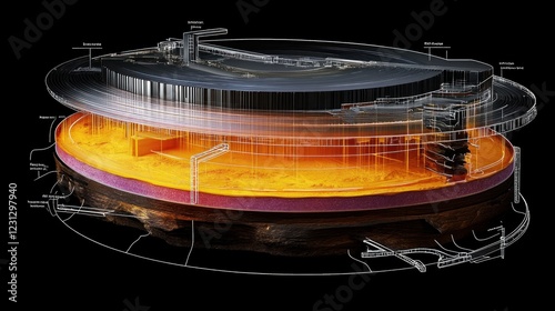 A detailed cross-section of a complex mechanical device showcasing its inner workings.