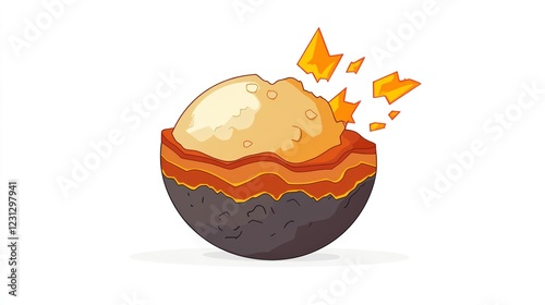 A stylized illustration of a cracked egg with molten layers, resembling a geological formation.