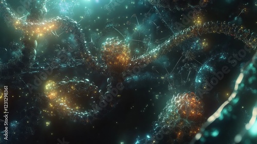 Abstract representation of interconnected structures resembling neural networks or molecular formations.
