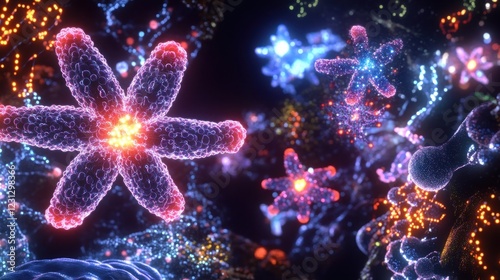 A vibrant depiction of microscopic organisms in a colorful, abstract environment.