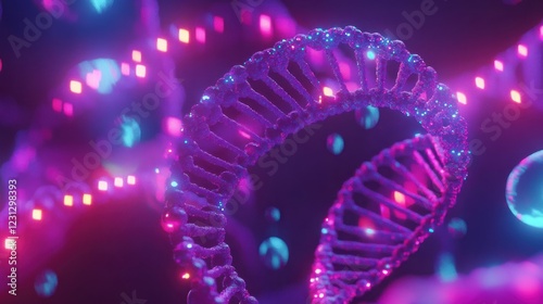 A colorful representation of DNA strands in a vibrant, abstract digital environment.