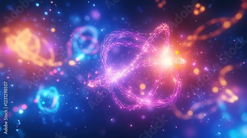 A vibrant abstract representation of atomic structures and energy in a cosmic background.