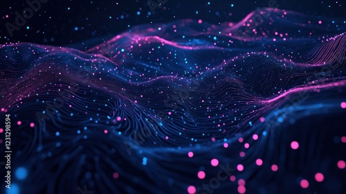 Abstract representation of flowing waves with vibrant particles in a dark space.
