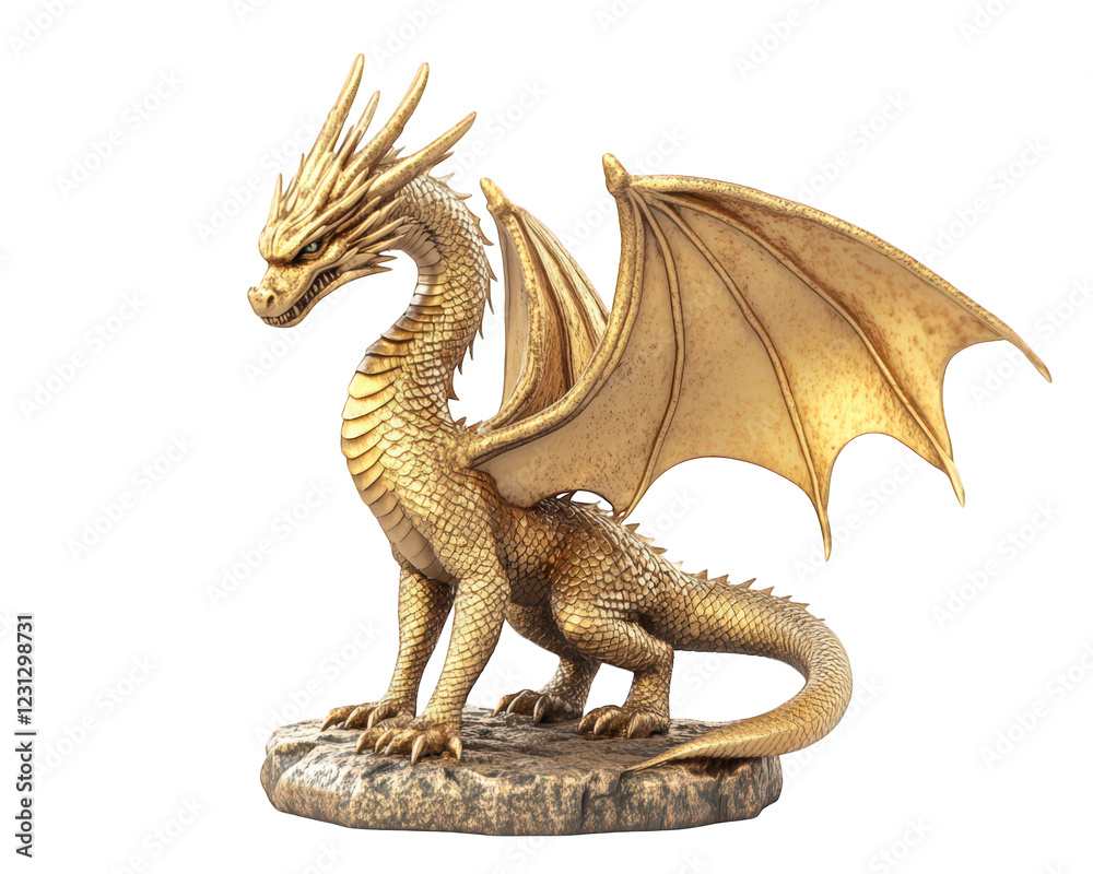 Fototapeta premium golden dragon statue with intricate details and majestic wings, symbolizing power and fantasy. This stunning piece is perfect for collectors and enthusiasts of mythical creatures