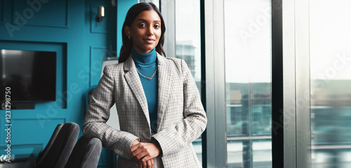 Happy, portrait and businesswoman in office with confidence for administrative law career. Pride, professional and female attorney from India with social security compliance case in workplace.