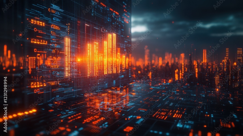 Fototapeta premium Futuristic Cityscape Digital Data Stream and Illuminated Urban Skyline at Night