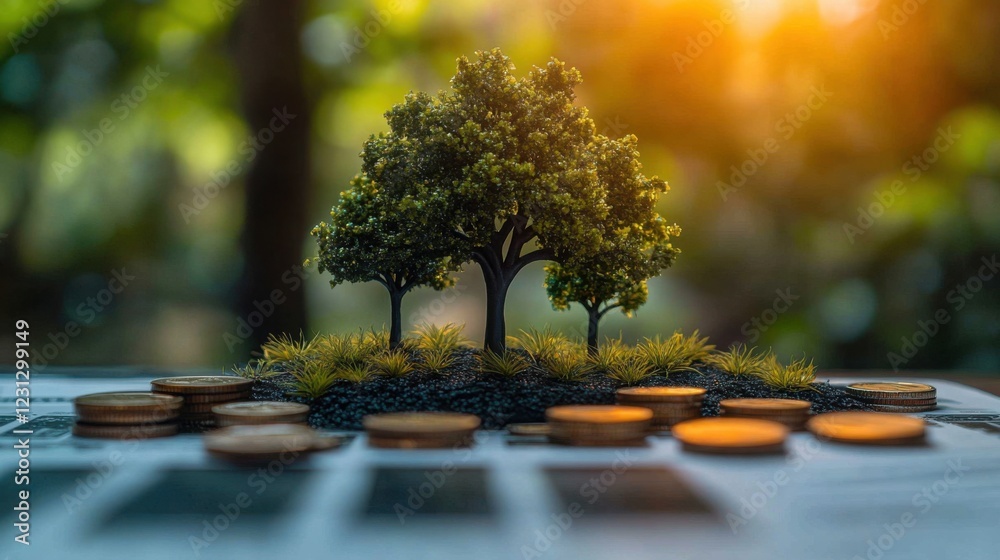 Growing Investments Miniature Trees on Coins and Financial Documents Growing Investments Miniature Trees on Coins and Financial Documents